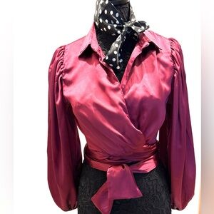 NWOT Live 4 Truth Satiney wine belted,  crop long puff sleeve tie front blouse